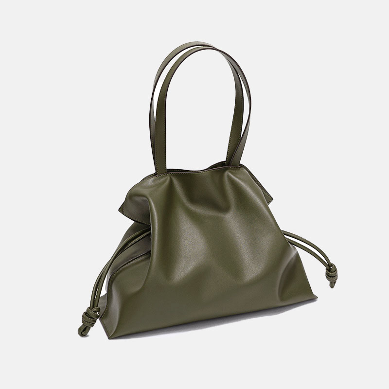 Minimalistische Damen Echtleder Kordelzug Plissee Umhängetasche Tasche