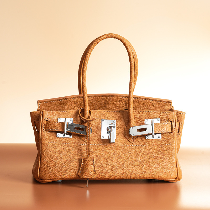 Women's Minimalist Genuine Leather Rectangular Lock Buckle Crossbody Top Handle Bag