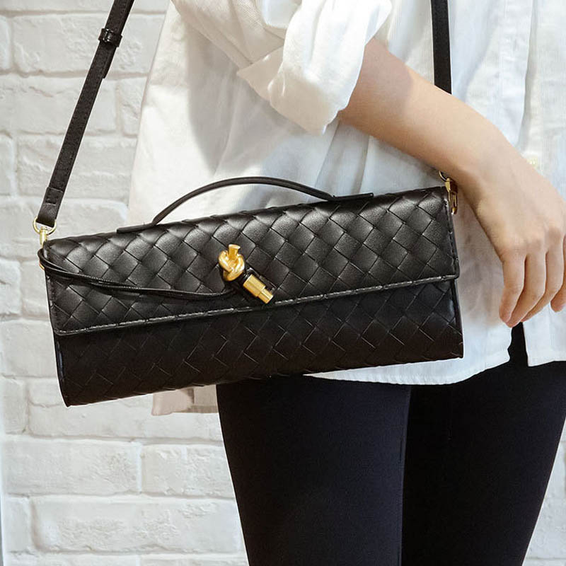 Women's Minimalist Woven Genuine Leather Crossbody Baguette Handbags