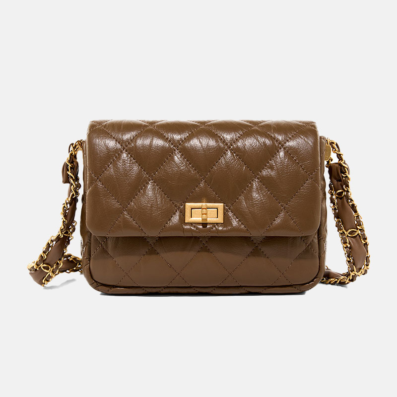 Damen gesteppt Echtleder Schloss Schnalle Crossbody Schultertasche Kette In Minimalistisch