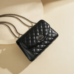 Women's Quilted Genuine Leather Rotating Lock Chain Shoulder Crossbody Bag