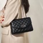 Women's Quilted Genuine Leather Rotating Lock Chain Shoulder Crossbody Bag