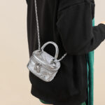 Women's Silver Genuine Leather Quilted Chain Crossbody Box Bags