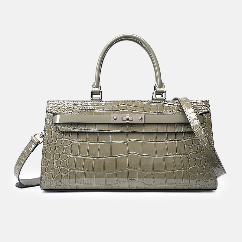 Women's Gray Patent Crocodile Leather Lock Buckle Top Handle Crossbody Bag