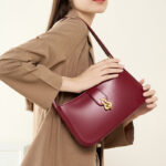 Women's Minimalist Genuine Leather Gourd Shape Buckle Baguette Bag