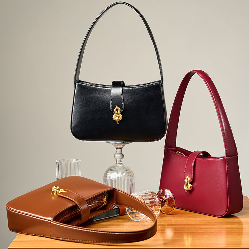 Women's Minimalist Genuine Leather Gourd Shape Buckle Baguette Bag