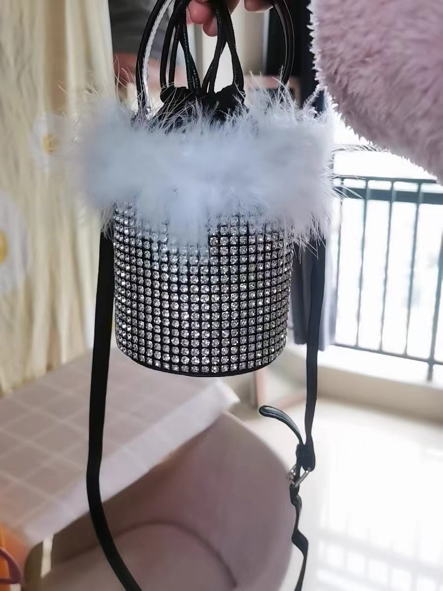 Women's All Over Rhinestones Furry Cylinder Drawstring Bucket Evening Bags photo review