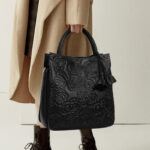 Women's Black Genuine Leather Floral Embossed Crossbody Tote Bag