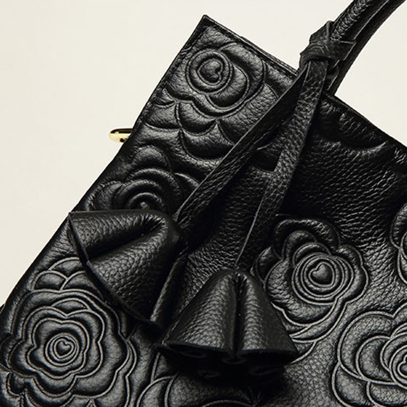 Women's Black Genuine Leather Floral Embossed Crossbody Tote Bag