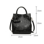 Women's Black Genuine Leather Floral Embossed Crossbody Tote Bag