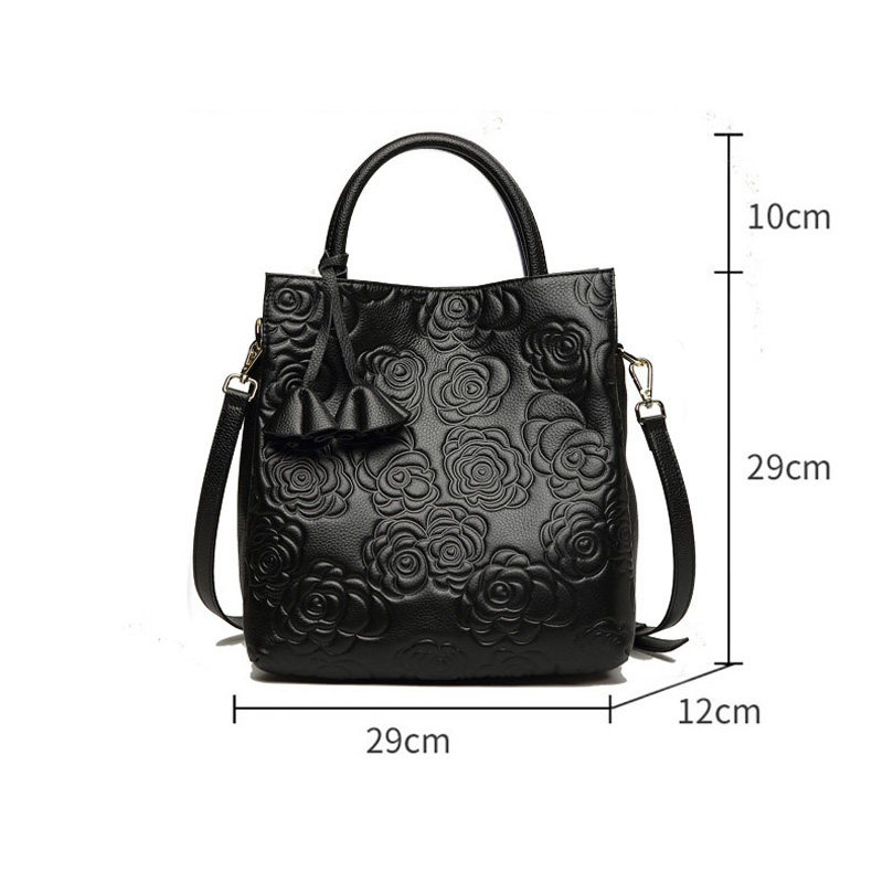 Women's Black Genuine Leather Floral Embossed Crossbody Tote Bag