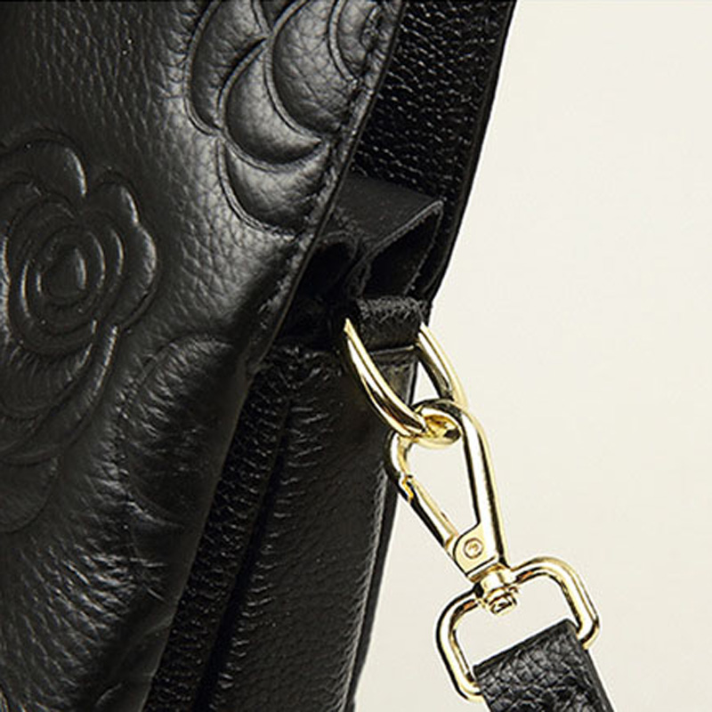 Women's Black Genuine Leather Floral Embossed Crossbody Tote Bag