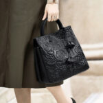 Women's Black Genuine Leather Floral Embossed Crossbody Tote Bag