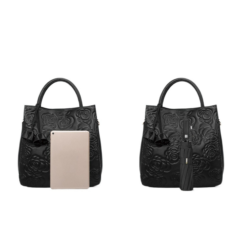 Women's Black Genuine Leather Floral Embossed Crossbody Tote Bag