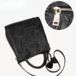 Women's Black Genuine Leather Floral Embossed Crossbody Tote Bag