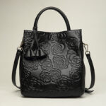 Women's Black Genuine Leather Floral Embossed Crossbody Tote Bag