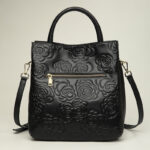 Women's Black Genuine Leather Floral Embossed Crossbody Tote Bag