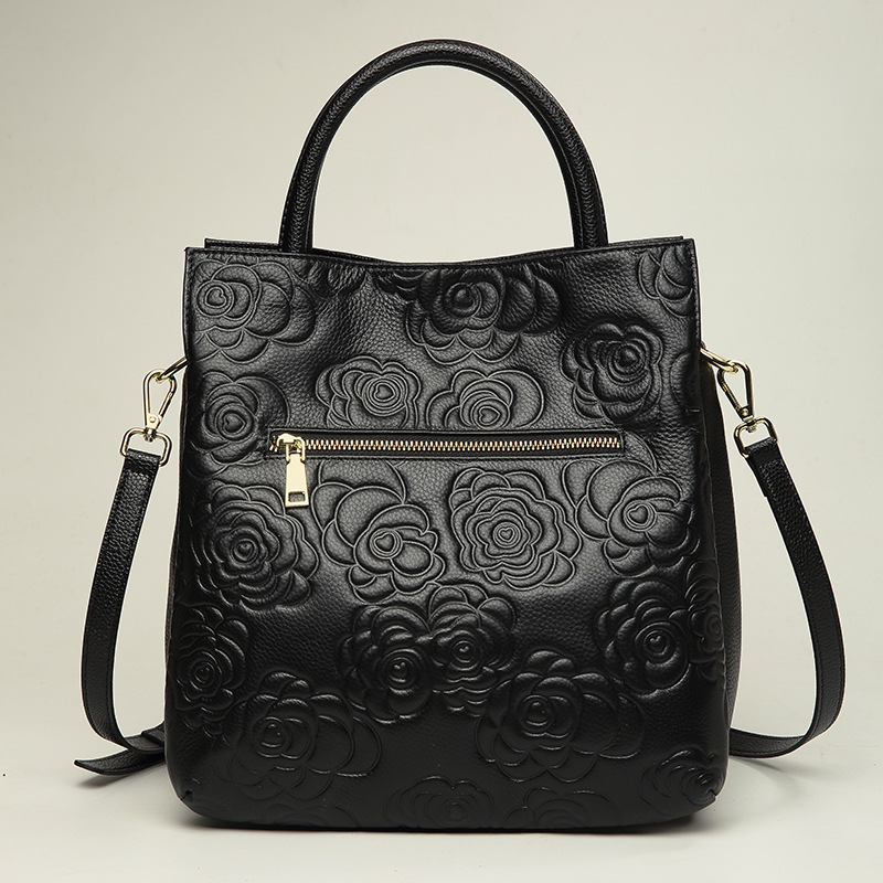 Damen Schwarze Echtleder Floral geprägte Crossbody Tote Tasche