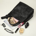 Women's Black Genuine Leather Floral Embossed Crossbody Tote Bag