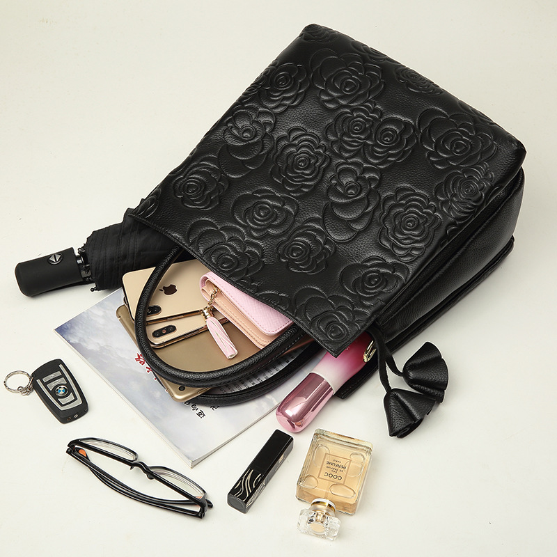 Women's Black Genuine Leather Floral Embossed Crossbody Tote Bag