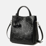 Women's Black Genuine Leather Floral Embossed Crossbody Tote Bag