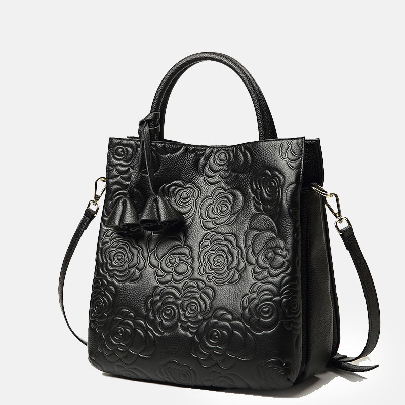 Women's Black Genuine Leather Floral Embossed Crossbody Tote Bag