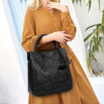 Women's Black Genuine Leather Floral Embossed Crossbody Tote Bag