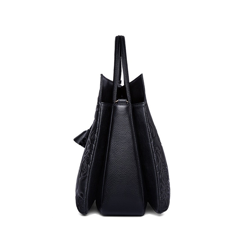 Women's Black Genuine Leather Floral Embossed Crossbody Tote Bag
