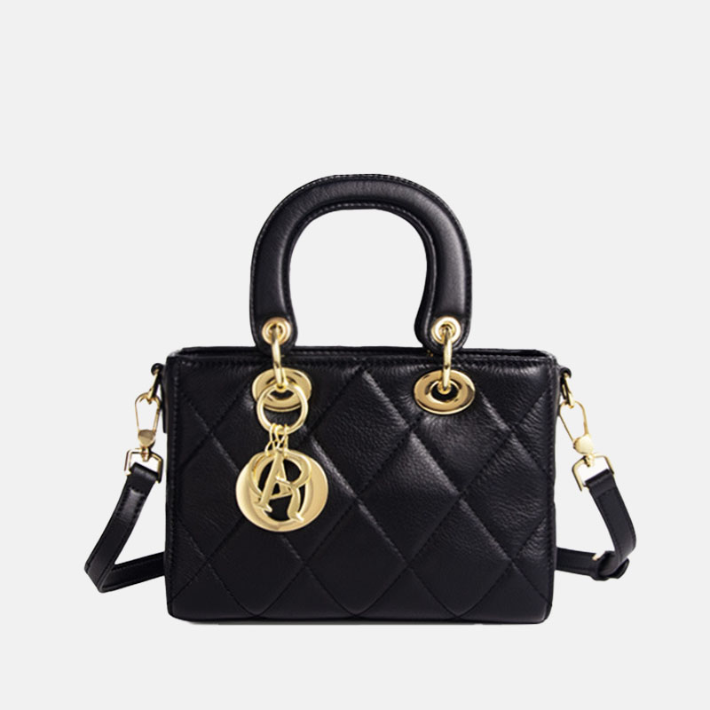 Women's Black Genuine Leather Quilted Letter Charm Crossbody Handbag