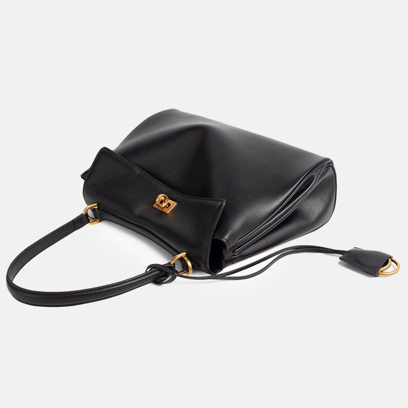 Women's Black Leather Lock Crossbody Shoulder Bag