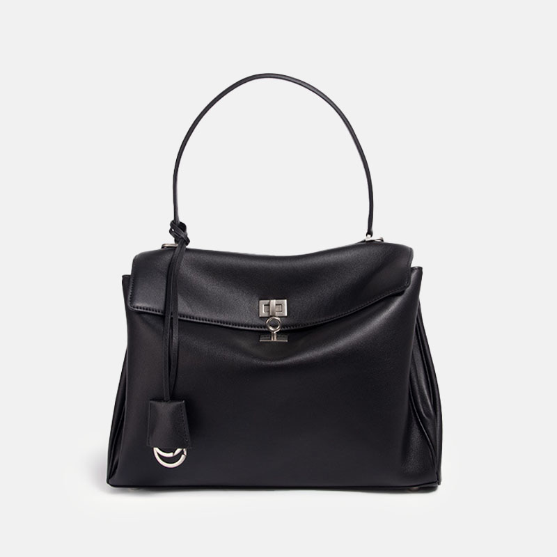 Women's Black Leather Lock Crossbody Shoulder Bag