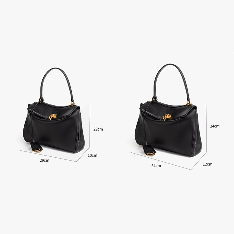 Women's Black Leather Lock Crossbody Shoulder Bag