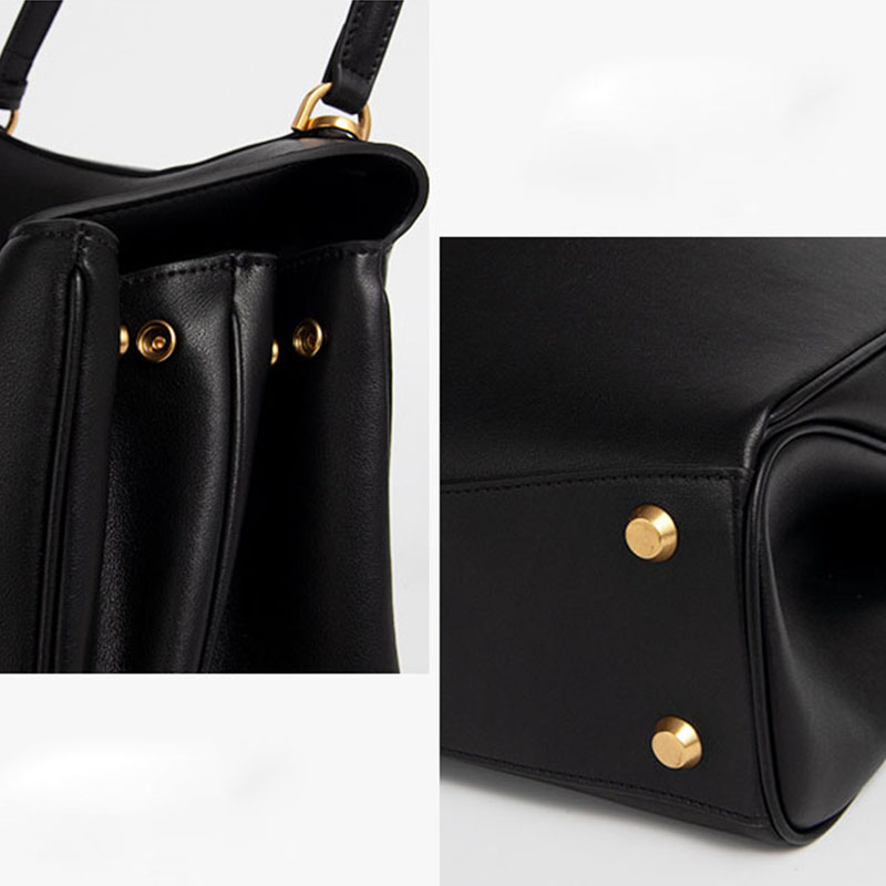 Women's Black Leather Lock Crossbody Shoulder Bag