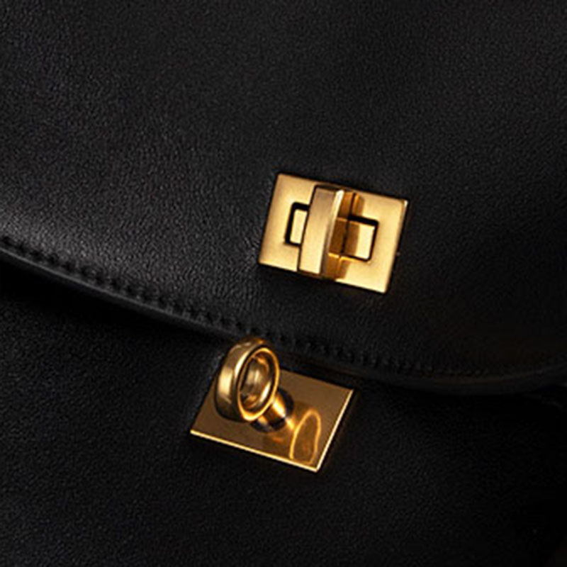 Women's Black Leather Lock Crossbody Shoulder Bag
