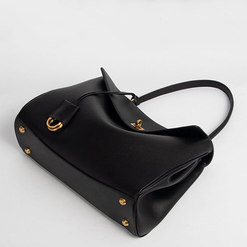 Women's Black Leather Lock Crossbody Shoulder Bag