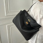 Women's Black Leather Lock Crossbody Shoulder Bag