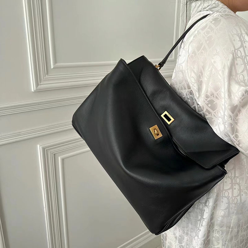 Women's Black Leather Lock Crossbody Shoulder Bag
