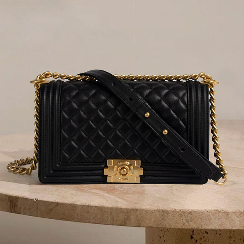 Women's Black Quilted Leather Chain Lock Crossbody Bag