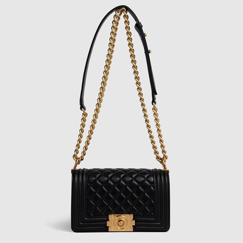 Women's Black Quilted Leather Chain Lock Crossbody Bag