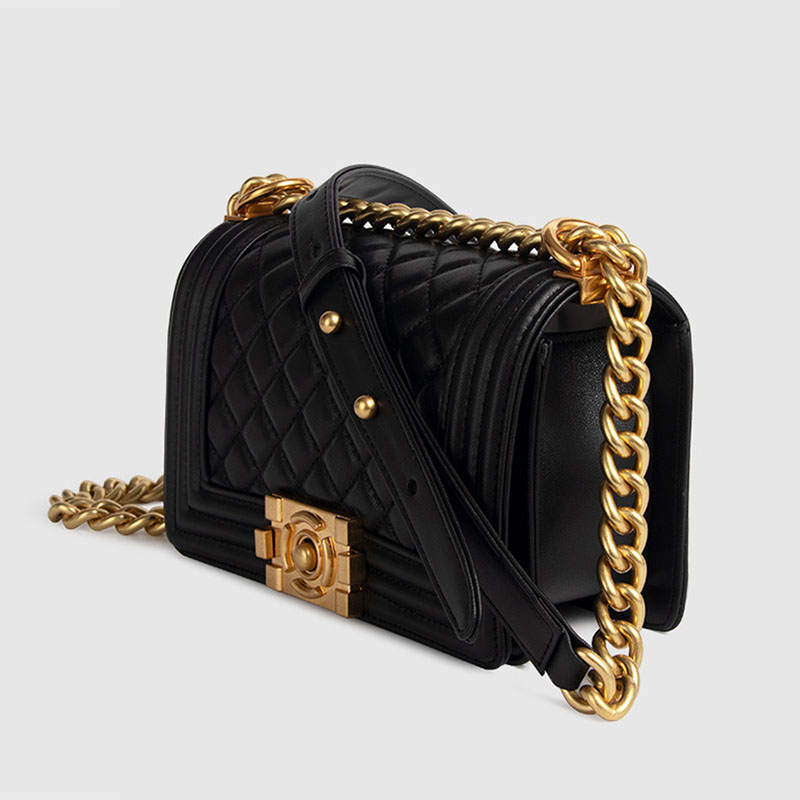 Women's Black Quilted Leather Chain Lock Crossbody Bag