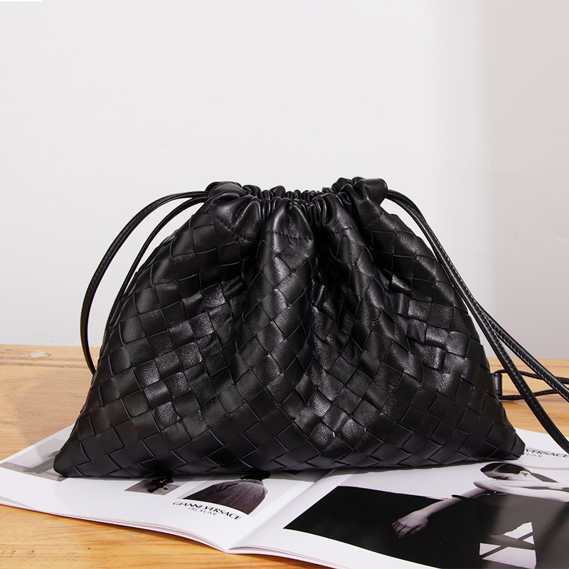 Women's Black Woven Leather Drawstring Crossbody Shoulder Bag