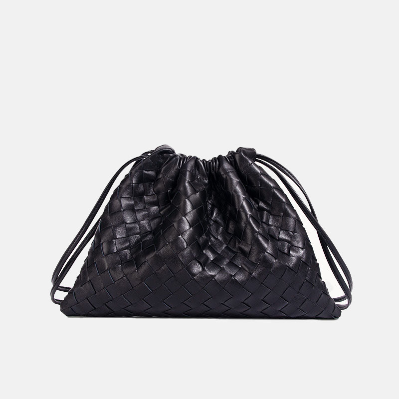 Women's Black Woven Leather Drawstring Crossbody Shoulder Bag