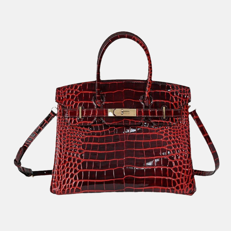 Women's Crocodile Genuine Leather Minimalist Lock Top Handle Bag