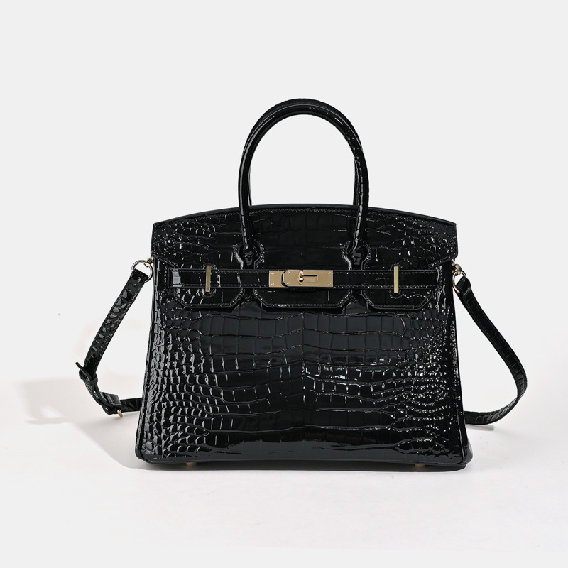 Women's Crocodile Genuine Leather Minimalist Lock Top Handle Bag