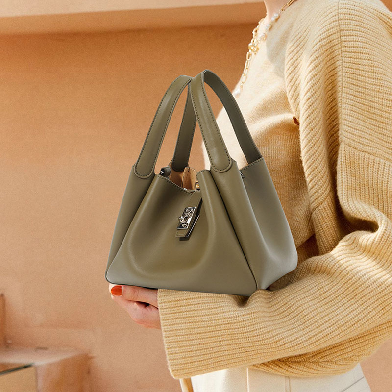 Women's Genuine Leather Minimalist Lock Bucket Bag