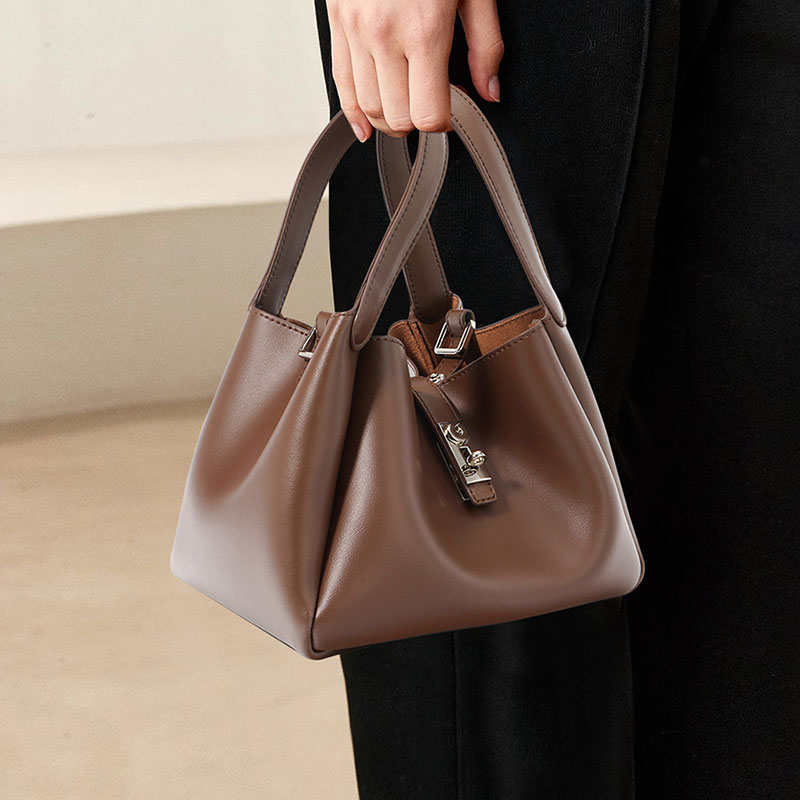 Women's Genuine Leather Minimalist Lock Bucket Bag