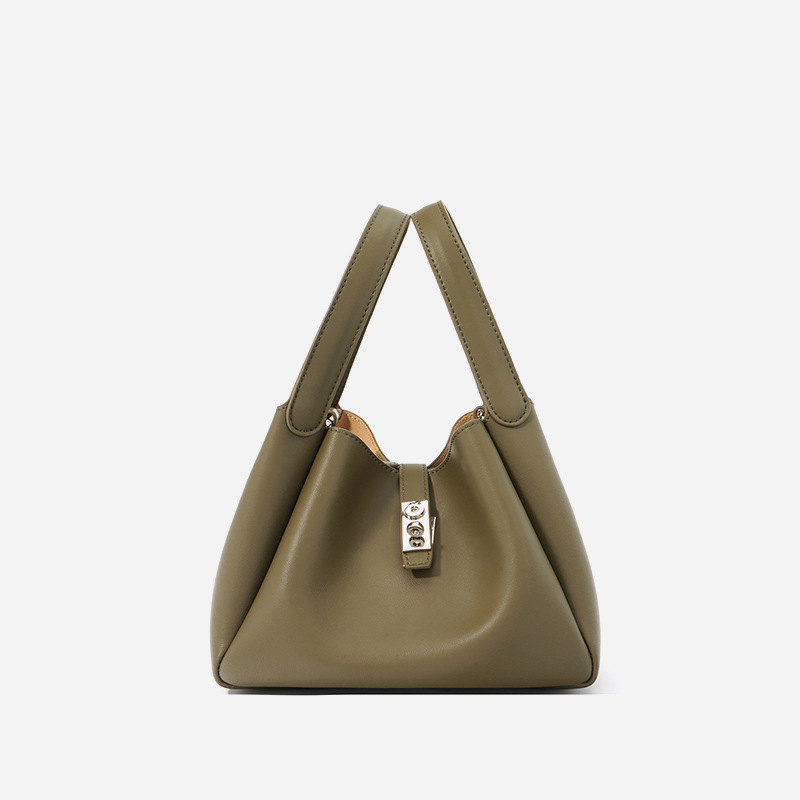 Women's Genuine Leather Minimalist Lock Bucket Bag
