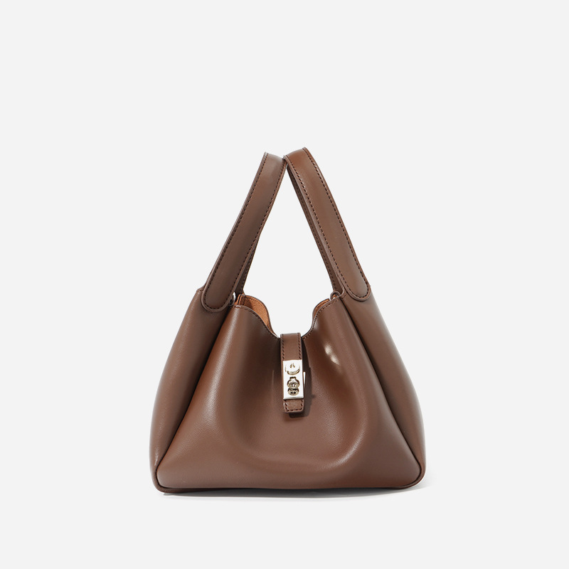 Women's Genuine Leather Minimalist Lock Bucket Bag