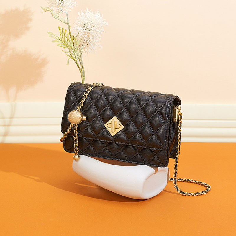 Women's Quilted Genuine Leather Lock Chain Crossbody Bag