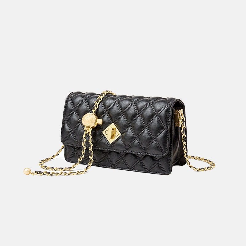 Women's Quilted Genuine Leather Lock Chain Crossbody Bag